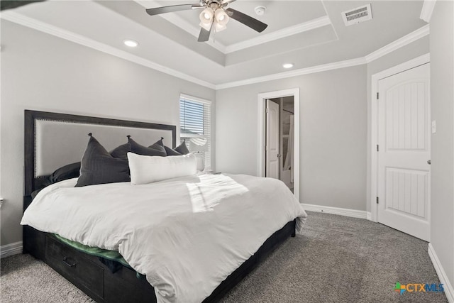 1519 Curlew Ln, Temple, TX 76502 - bedroom with a raised ceiling, carpet floors, baseboards, ornamental molding, and recessed lighting