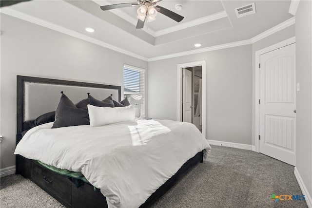 bedroom with carpet flooring, ceiling fan, and crown molding