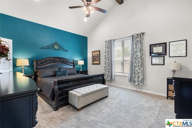 carpeted bedroom with high vaulted ceiling, baseboards, beamed ceiling, ceiling fan, and recessed lighting
