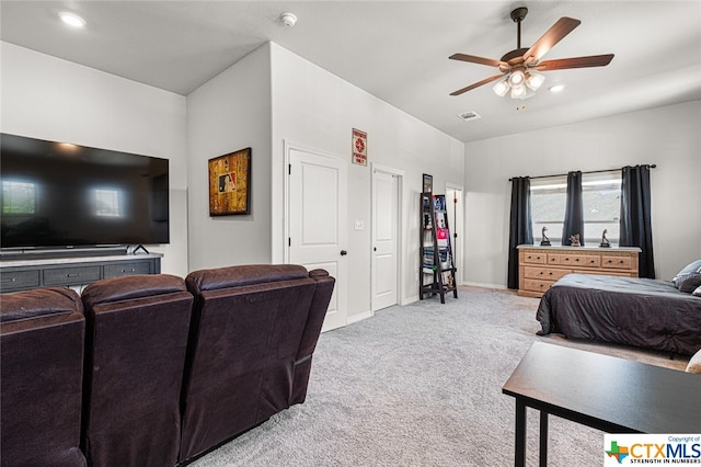 carpeted bedroom featuring ceiling fan