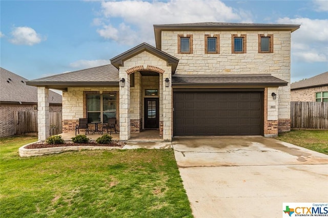 view of front of home featuring covered porch, concrete driveway, brick siding, a garage, and stone siding
