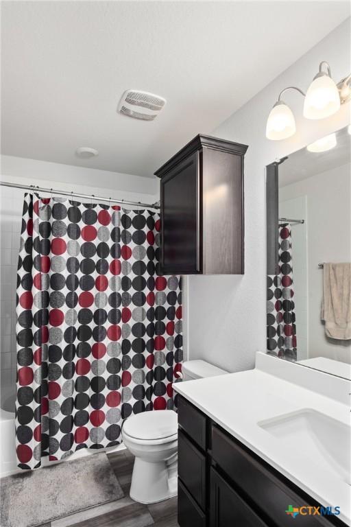 bathroom featuring toilet, vanity, and hardwood / wood-style flooring