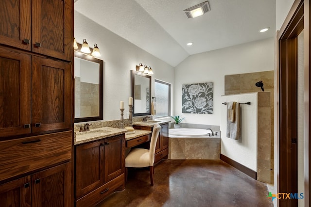 bathroom featuring concrete floors, a textured ceiling, independent shower and bath, vanity, and lofted ceiling