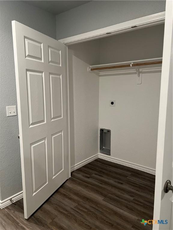 clothes washing area featuring hookup for an electric dryer, washer hookup, and dark wood-type flooring