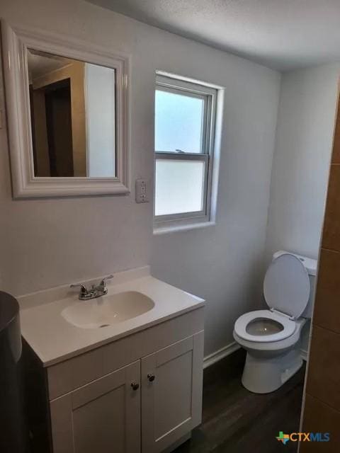 bathroom with hardwood / wood-style flooring, vanity, and toilet