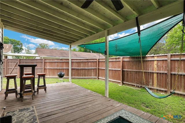wooden deck featuring a yard and a fenced backyard