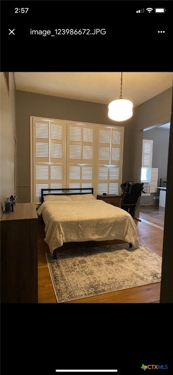 bedroom with dark hardwood / wood-style flooring