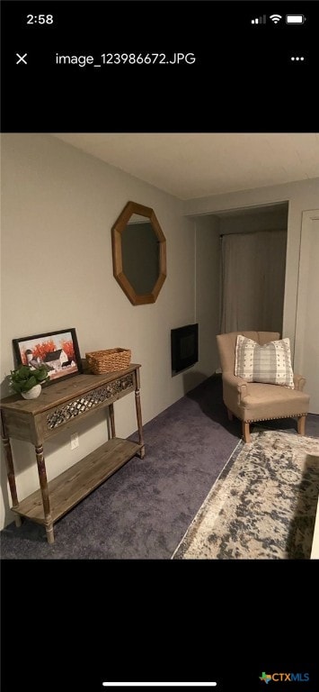 living area featuring dark carpet