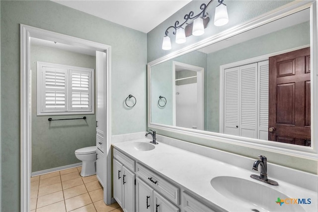 bathroom with vanity, tile patterned floors, and toilet