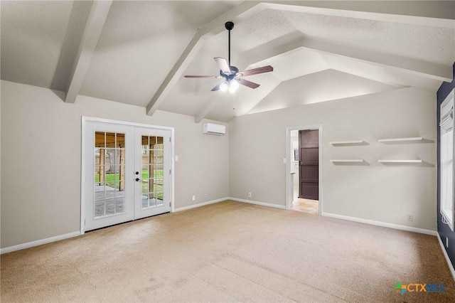 interior space featuring lofted ceiling with beams, a wall unit AC, ceiling fan, a textured ceiling, and french doors