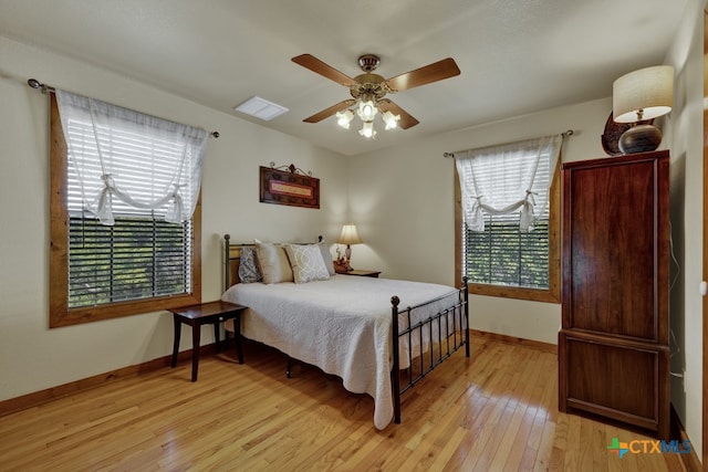 bedroom featuring ceiling fan and light wood-type flooring