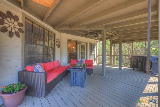 deck with an outdoor hangout area and ceiling fan