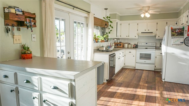 kitchen with white cabinetry, ceiling fan, dark hardwood / wood-style flooring, crown molding, and white appliances