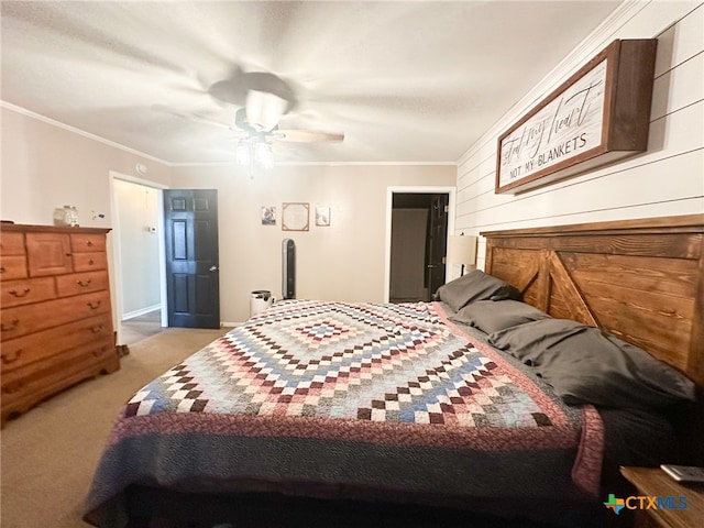 bedroom with ceiling fan, crown molding, and light carpet