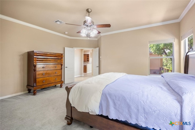 2291 Frontier, Spring Branch, TX 78070 - bedroom featuring crown molding, light carpet, and ceiling fan