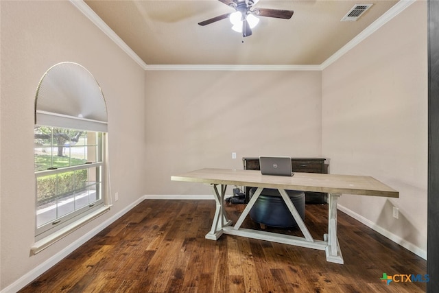 2291 Frontier, Spring Branch, TX 78070 - unfurnished office with a ceiling fan, wood finished floors, and ornamental molding