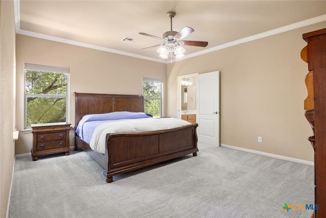 2291 Frontier, Spring Branch, TX 78070 - carpeted bedroom with crown molding, a ceiling fan, and connected bathroom
