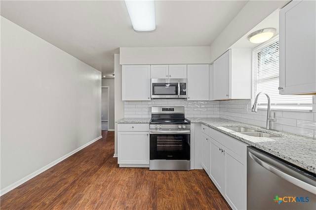 kitchen with white cabinetry, sink, dark hardwood / wood-style floors, and appliances with stainless steel finishes