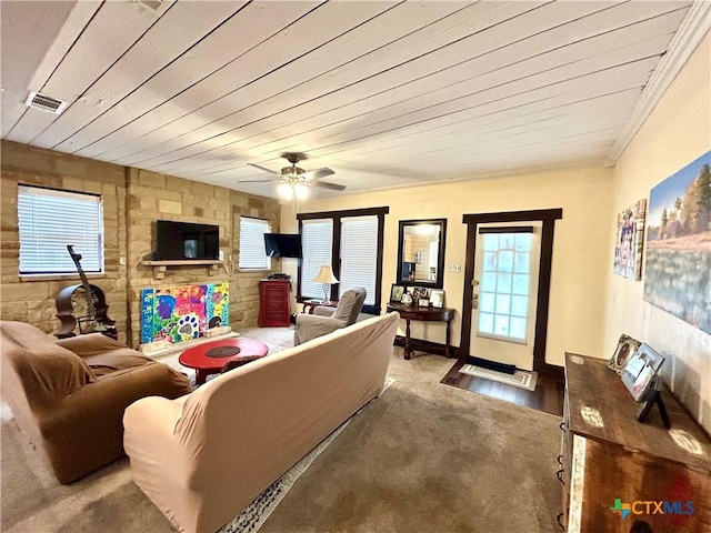 living room featuring wood ceiling and ceiling fan