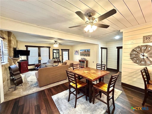 dining room featuring dark wood-type flooring, ceiling fan, wooden walls, ornamental molding, and wooden ceiling