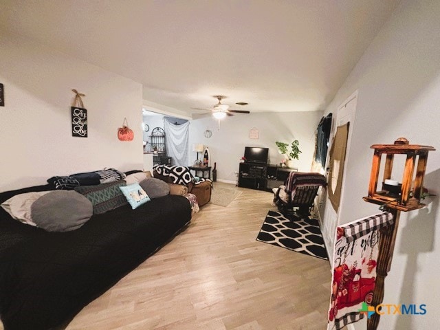 living room with ceiling fan and light wood-type flooring