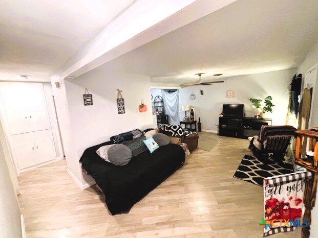 living room with ceiling fan and light hardwood / wood-style flooring