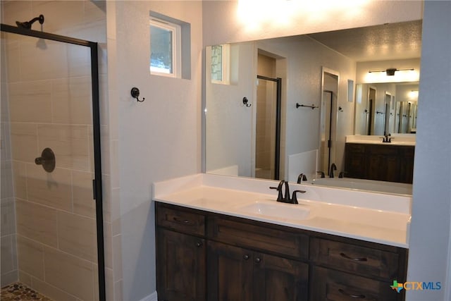 bathroom featuring vanity and a shower with shower door