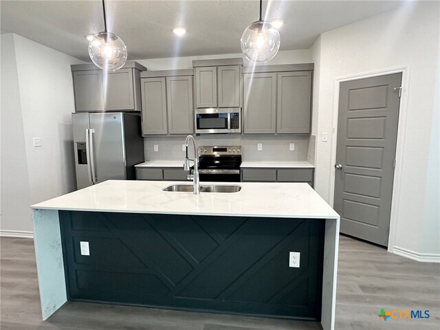 2226 Wooster St, Nolanville, TX 76559 - kitchen with gray cabinets, light wood-style floors, appliances with stainless steel finishes, and a sink