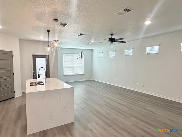 2226 Wooster St, Nolanville, TX 76559 - kitchen featuring wood finished floors, visible vents, a sink, and ceiling fan