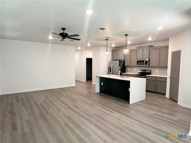 2226 Wooster St, Nolanville, TX 76559 - kitchen featuring visible vents, baseboards, light countertops, appliances with stainless steel finishes, and gray cabinetry