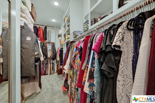 walk in closet featuring light carpet