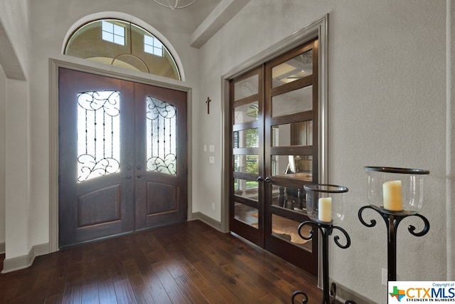 foyer entrance featuring french doors, dark hardwood / wood-style floors, and plenty of natural light