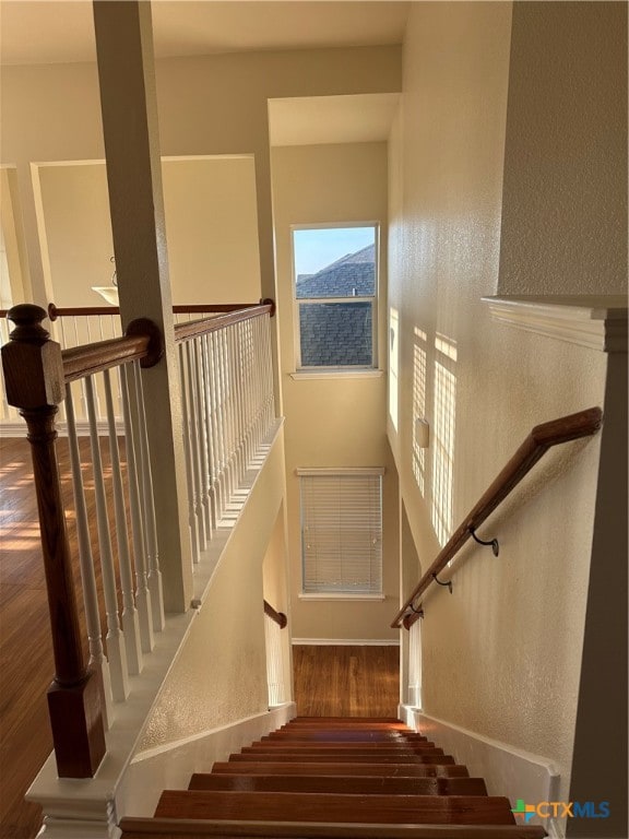 stairway with a mountain view and hardwood / wood-style flooring