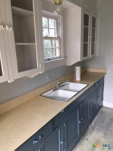 kitchen with light wood finished floors, glass insert cabinets, light countertops, and a sink