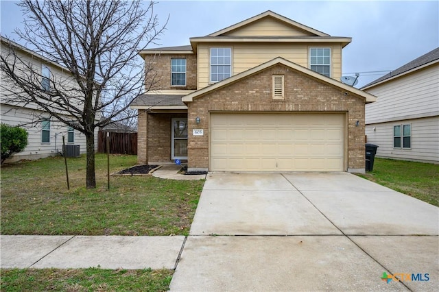 view of front property with a front lawn, cooling unit, and a garage