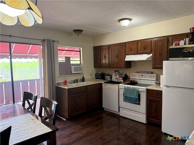 kitchen with light countertops, range hood, a sink, white appliances, and dark wood-type flooring