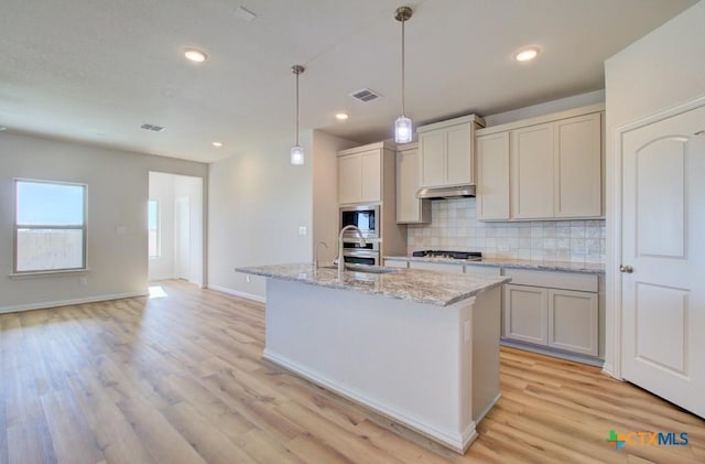 810 Saltbush St, New Braunfels, TX 78130 - kitchen featuring decorative backsplash, stainless steel appliances, light wood-style flooring, an island with sink, and light stone countertops