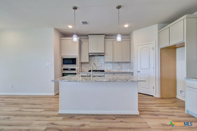810 Saltbush St, New Braunfels, TX 78130 - kitchen featuring built in microwave, stainless steel oven, decorative backsplash, under cabinet range hood, and light wood-style flooring