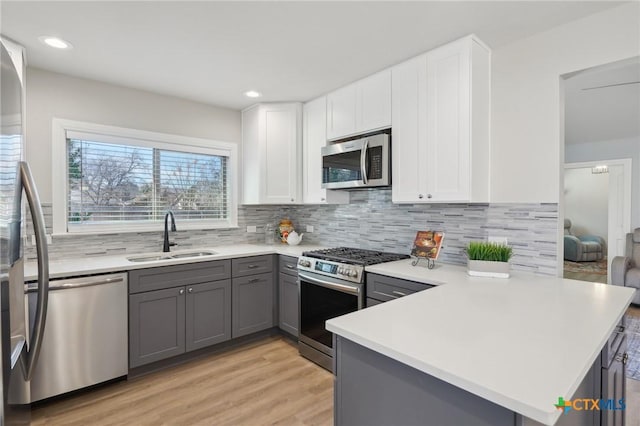 kitchen with appliances with stainless steel finishes, kitchen peninsula, sink, and white cabinets