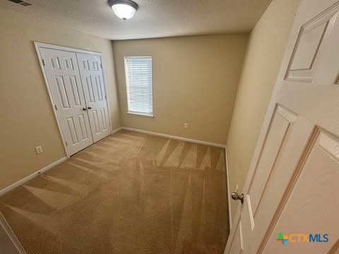 unfurnished bedroom with light carpet and a closet