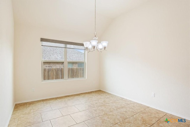 empty room featuring an inviting chandelier, light tile patterned floors, baseboards, and lofted ceiling