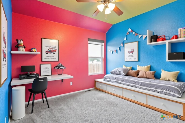 4004 Brookhaven Dr, Temple, TX 76504 - bedroom with carpet floors, an office area, vaulted ceiling, and ceiling fan