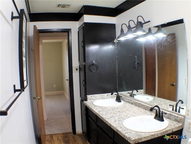 bathroom with vanity and hardwood / wood-style floors