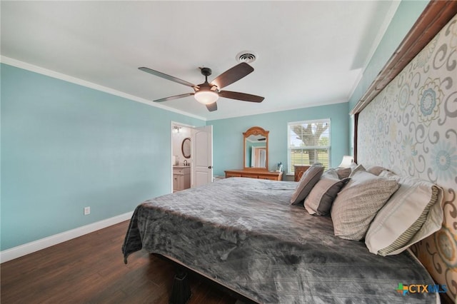 bedroom with ceiling fan, baseboards, wood finished floors, visible vents, and ornamental molding