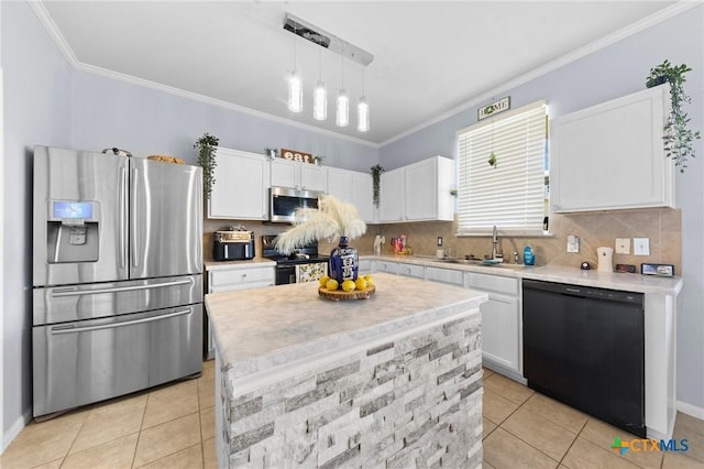 413 E Orion Dr, Killeen, TX 76542 - kitchen featuring black appliances, light tile patterned floors, white cabinets, crown molding, and light countertops