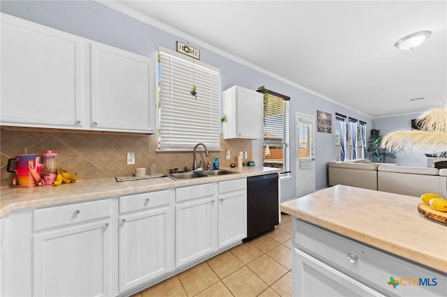 413 E Orion Dr, Killeen, TX 76542 - kitchen featuring a sink, dishwasher, light tile patterned floors, crown molding, and backsplash