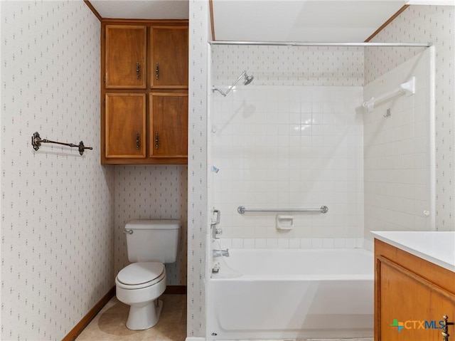bathroom with toilet, shower / washtub combination, wallpapered walls, and vanity