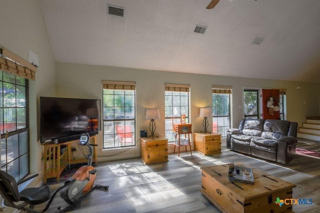 living room featuring lofted ceiling, a textured ceiling, ceiling fan, and wood-type flooring