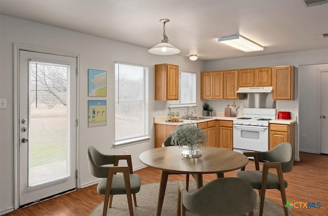 kitchen with hardwood / wood-style floors, white gas range, sink, and hanging light fixtures