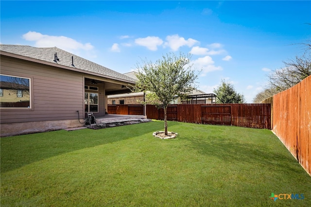 view of yard featuring a patio, a ceiling fan, and a fenced backyard